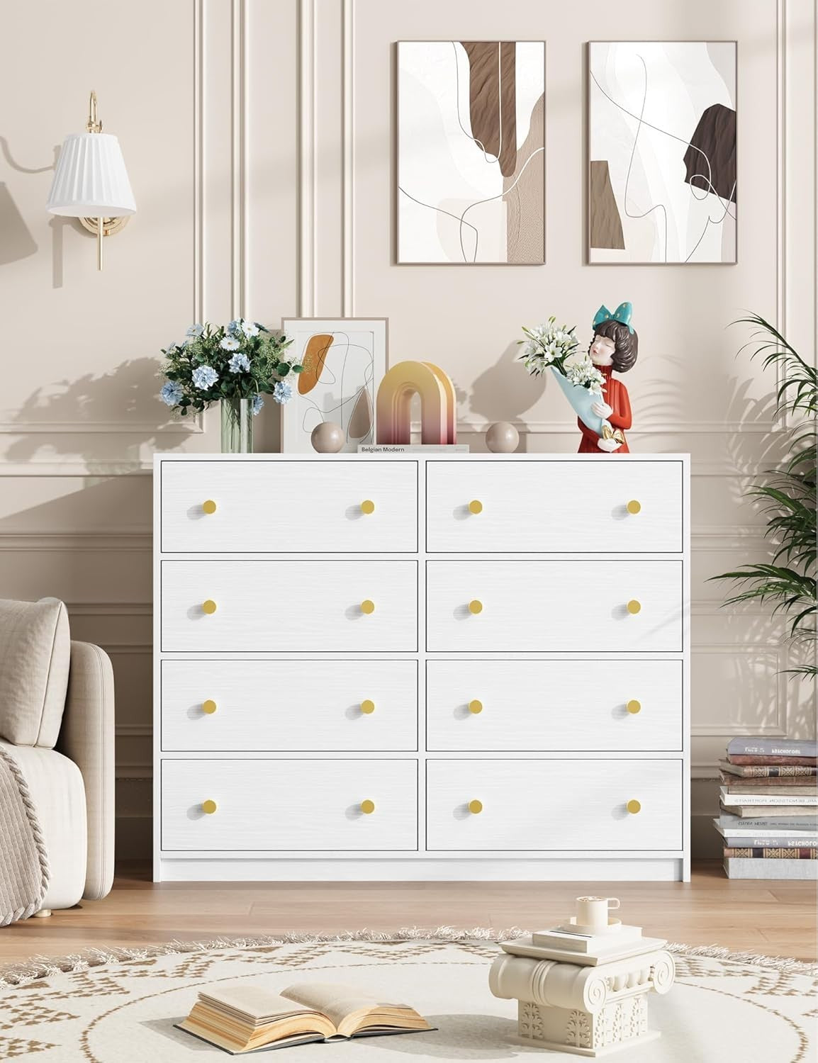 8 Drawer Chest White Fabric Storage Dresser Gold Handles Bedroom Unit
