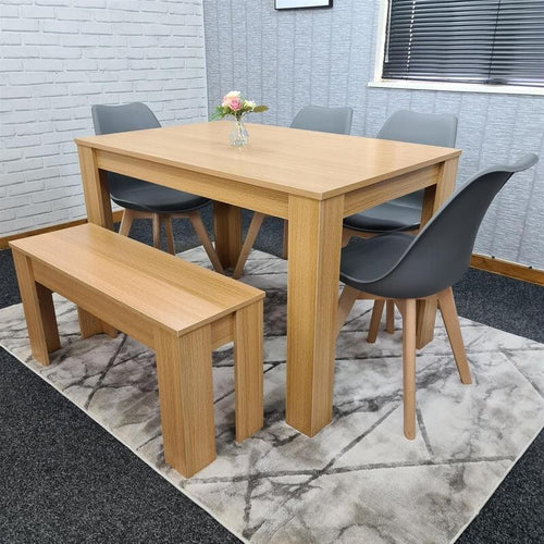 Oak Effect Dining Table Set with 4 Grey Chairs & Bench, 6 Seater Kitchen