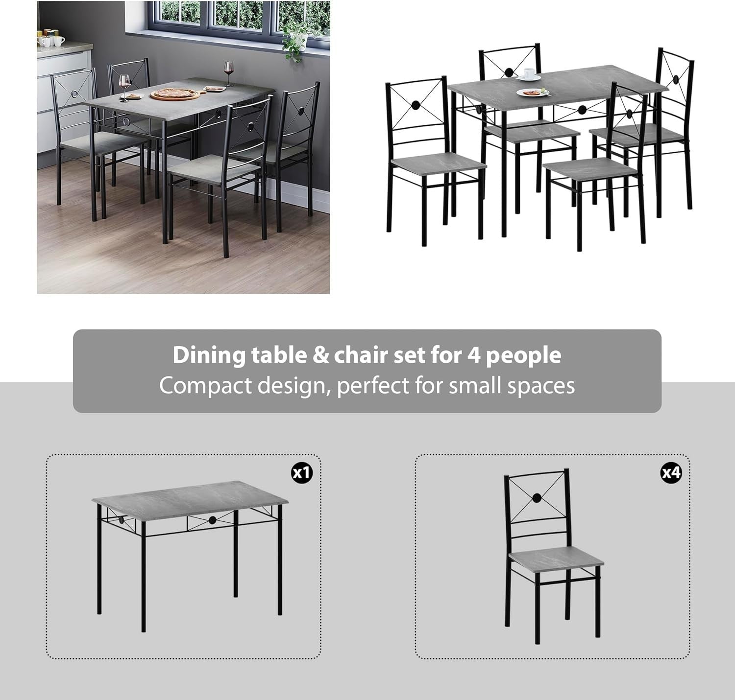 Concrete Grey 4-Seater Dining Table Set | Compact Kitchen Dining Furniture