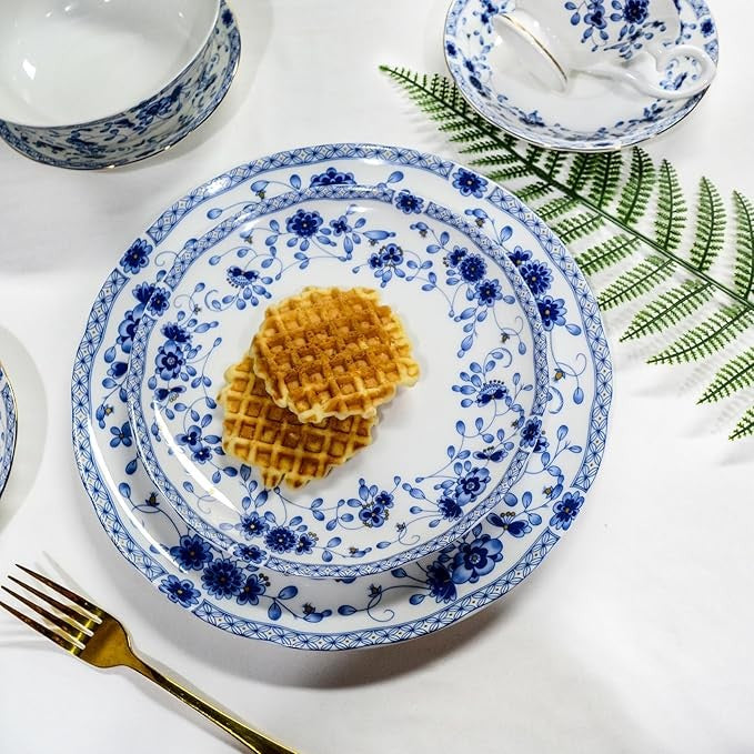 12pc Bone China Dinnerware Set Blue White Plates Bowls Service for 4