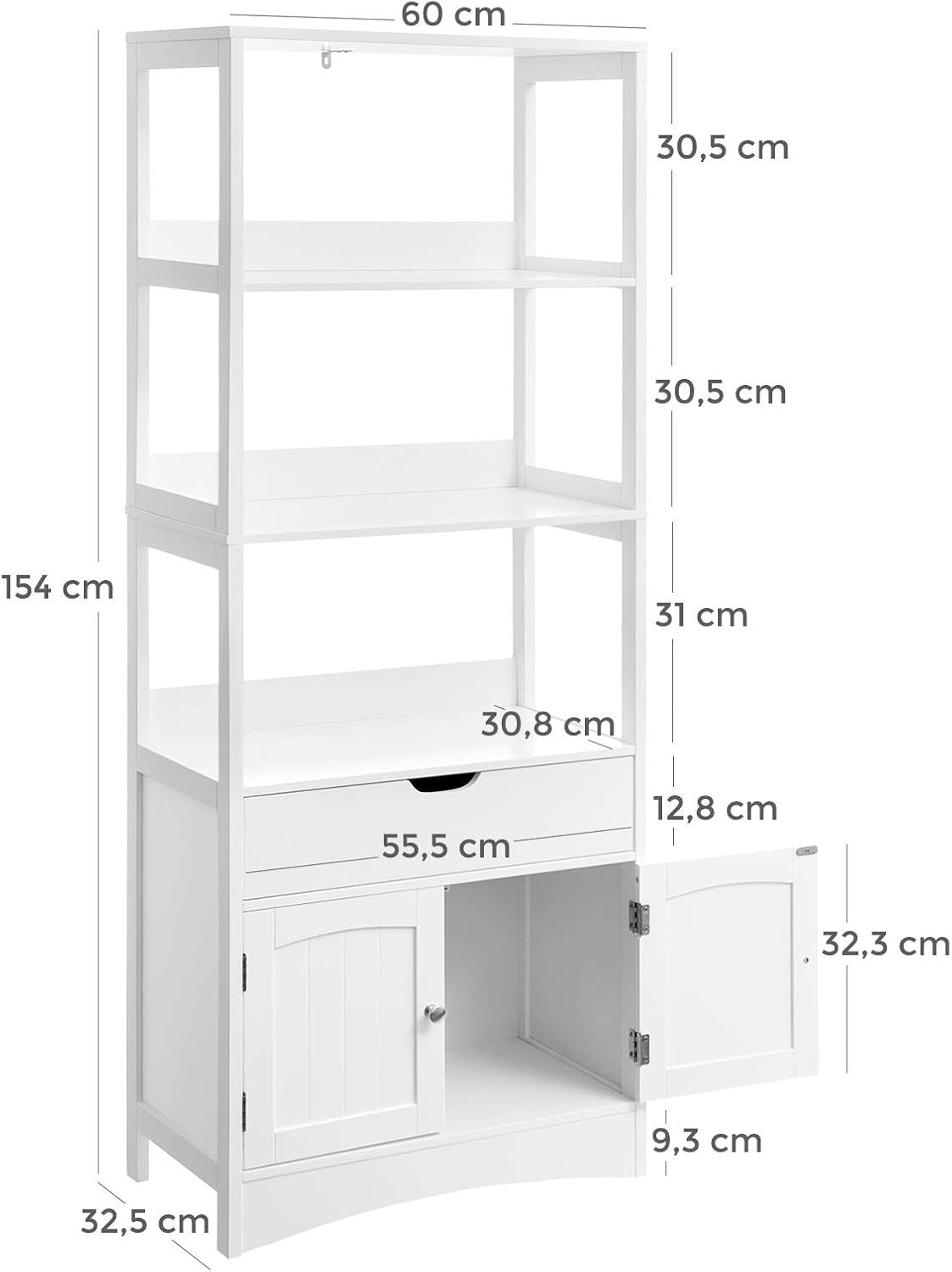 Tall Bathroom Storage Cabinet White 3 Shelf 1 Drawer Cupboard Freestanding Unit