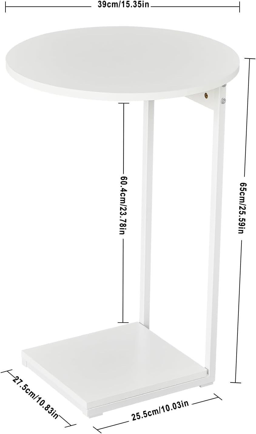 Slim C-Shaped Side Table with 15" Round Top – Space-Saving White End Table