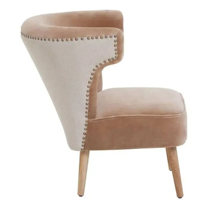 Brown Linen Accent Chair High Back Mango Wood Legs Curved Armchair