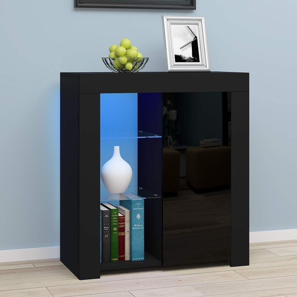 Modern Black LED Sideboard Cabinet with Glass Shelves & Storage 75x35x83cm