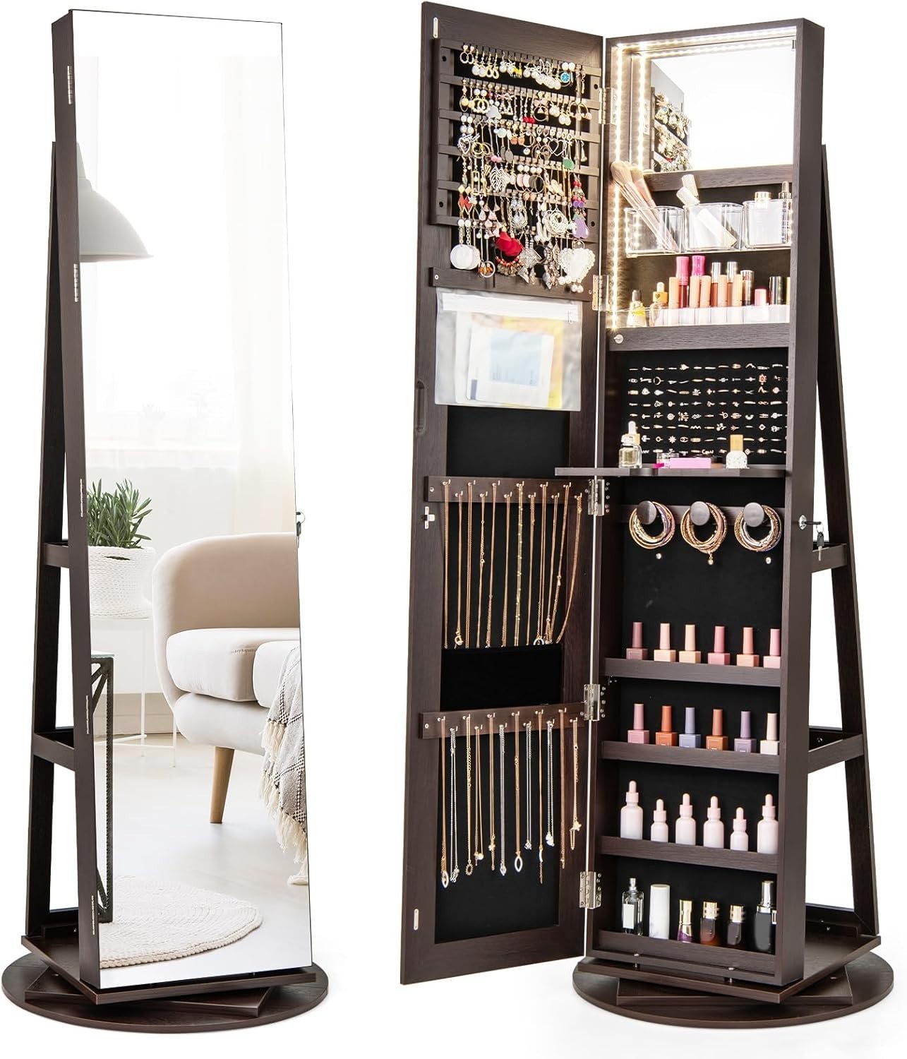 360° Swivel Jewelry Armoire Lockable Full Length Mirror LED Storage