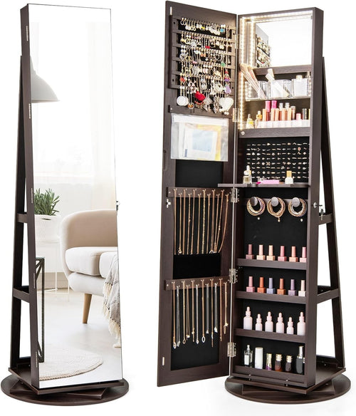 360° Swivel Jewelry Armoire Lockable Full Length Mirror LED Storage