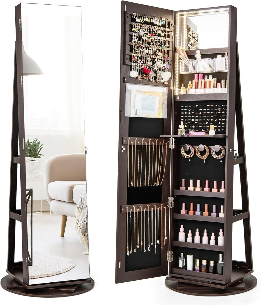 360° Swivel Jewelry Armoire Lockable Full Length Mirror LED Storage