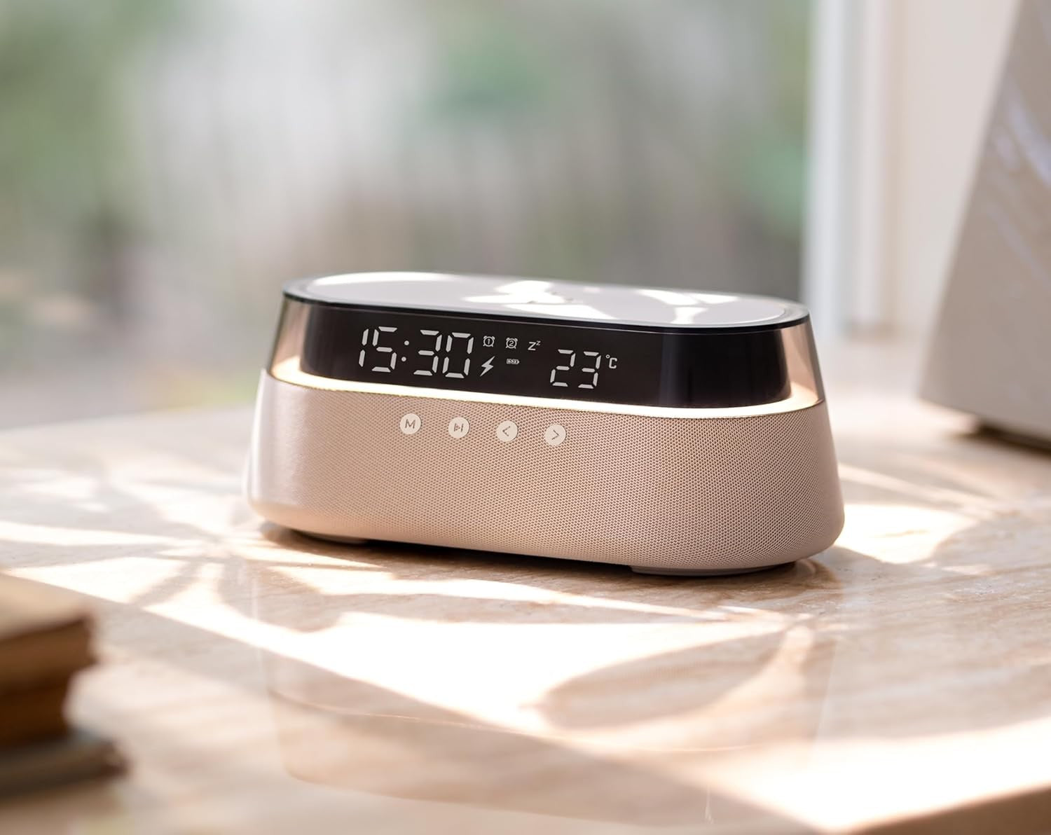 Light Beige 6-in-1 Wireless Charging Station Bluetooth Speaker Alarm Clock