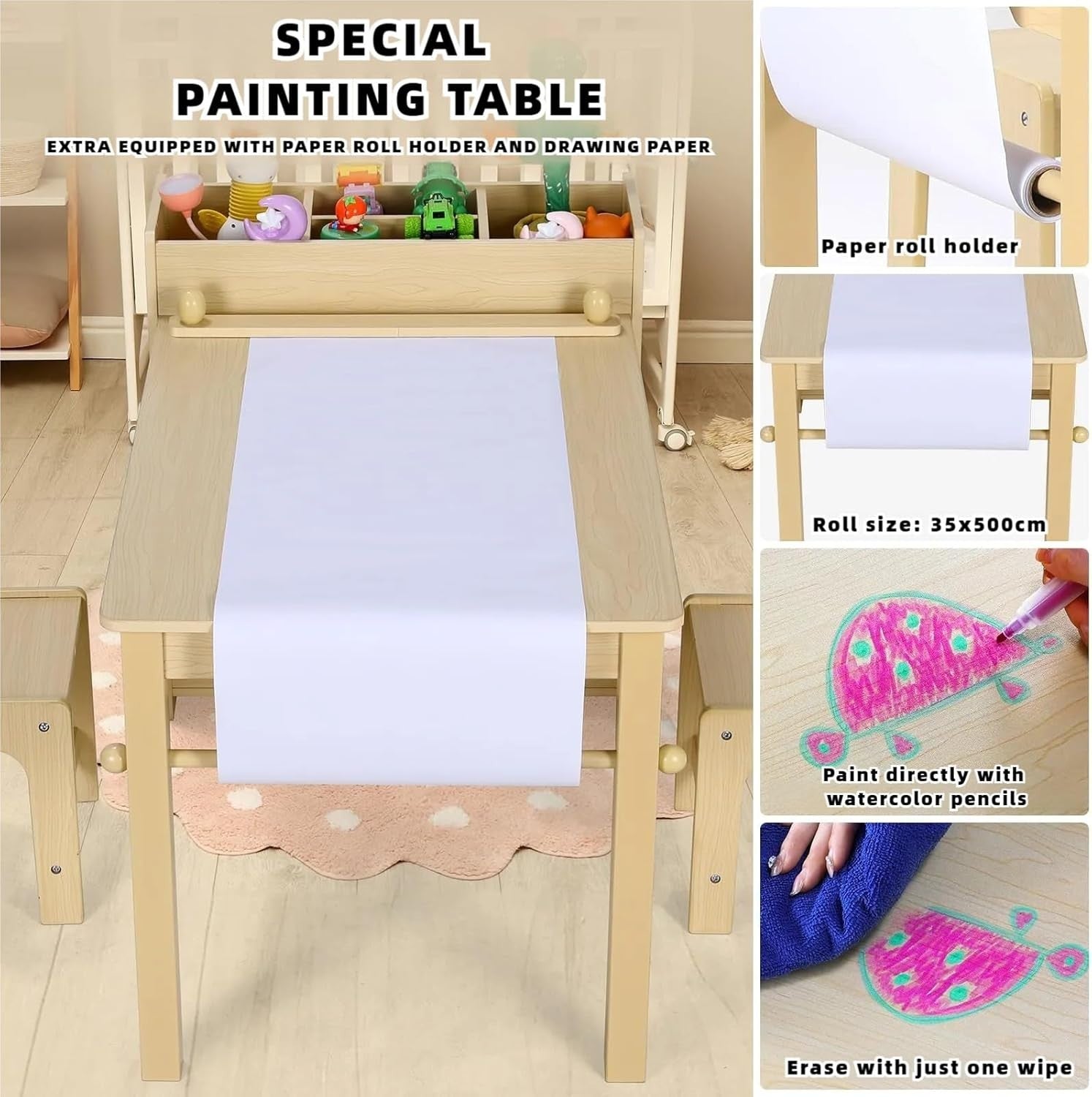 Kids Art Table and Chair Set with Storage Boxes Paper Roll Holder Drawing Desk