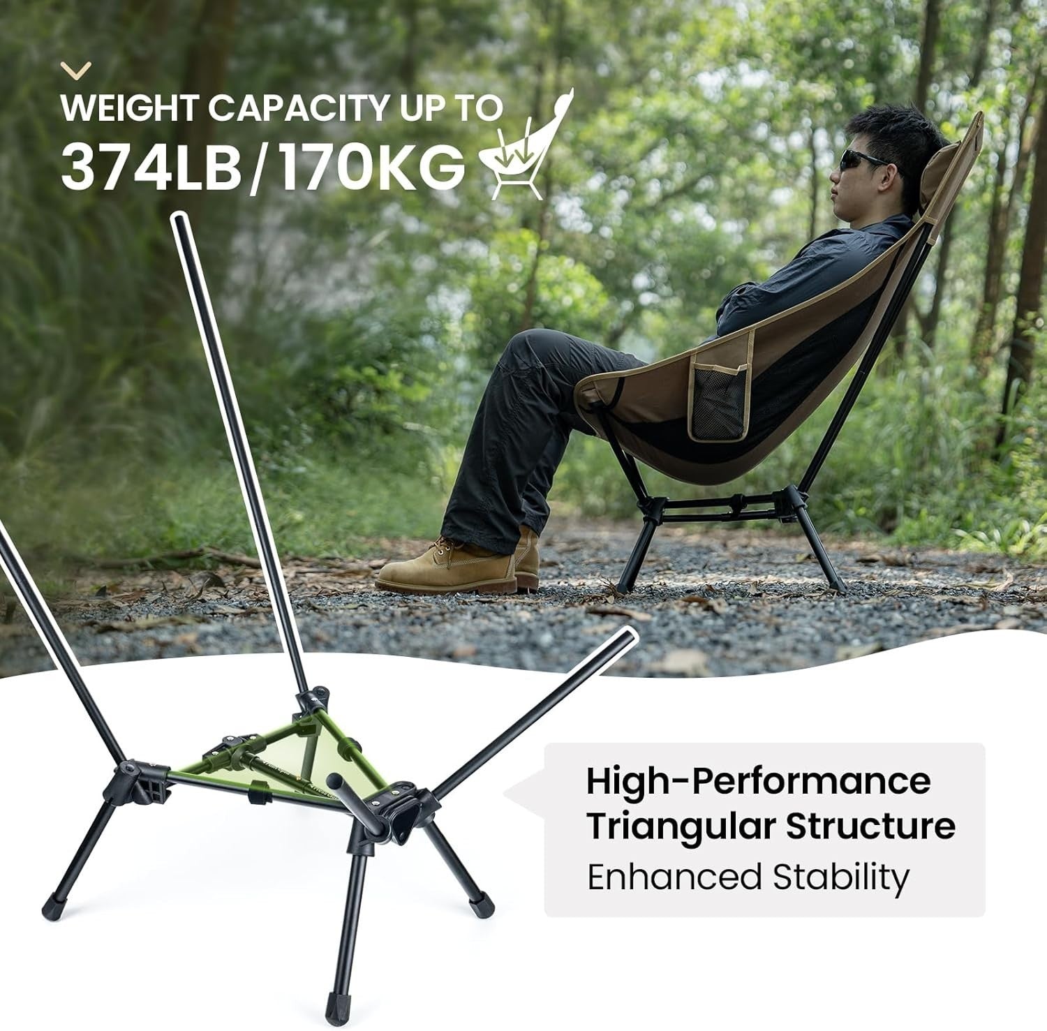 High Back Folding Camping Chair with Pillow, Heavy Duty 170kg Support