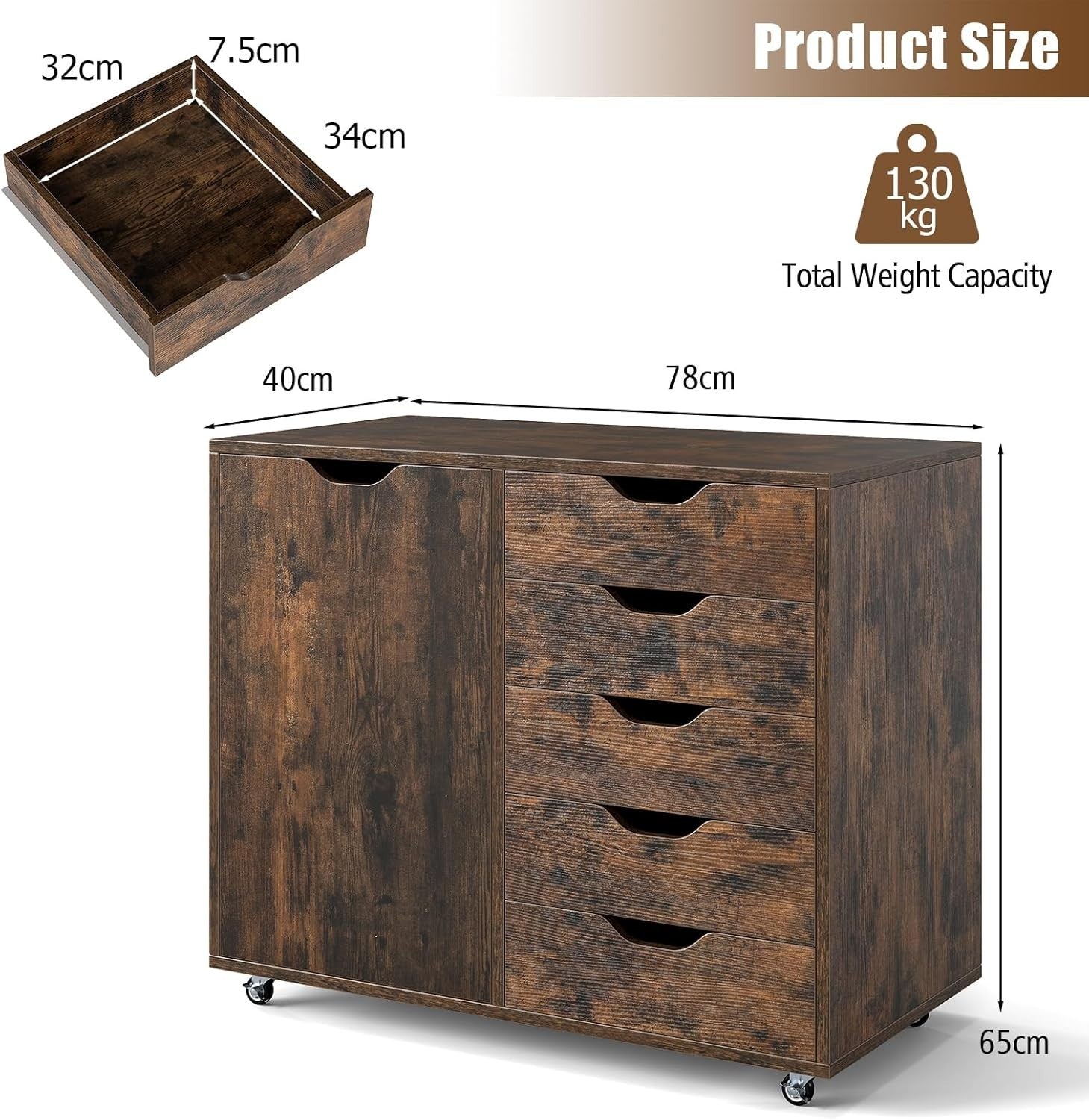Mobile 5 Drawer File Cabinet with Side Cupboard Rolling Office Storage