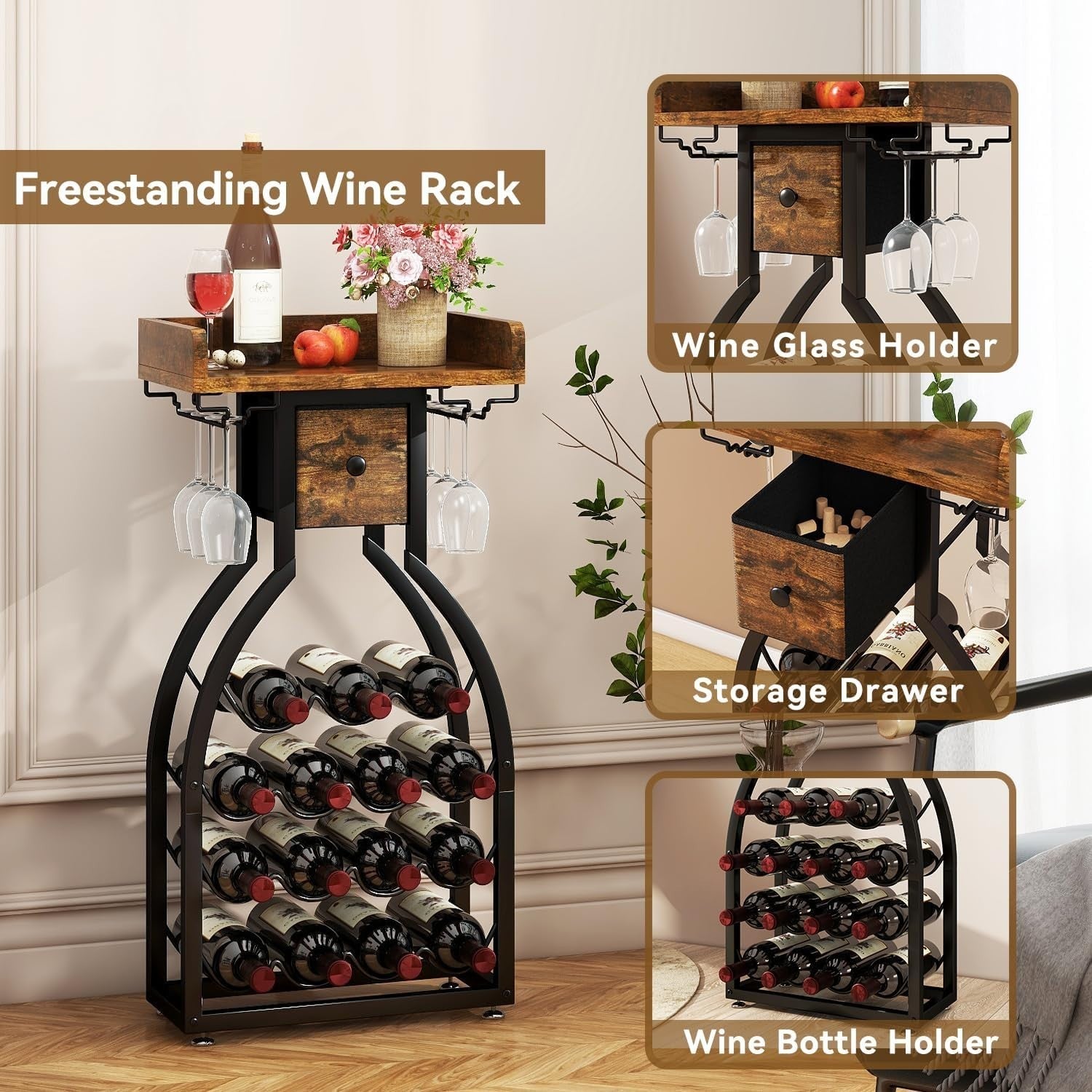 Freestanding Wine Rack Bar Cabinet 15 Bottle Storage with Glass Holder & Drawer
