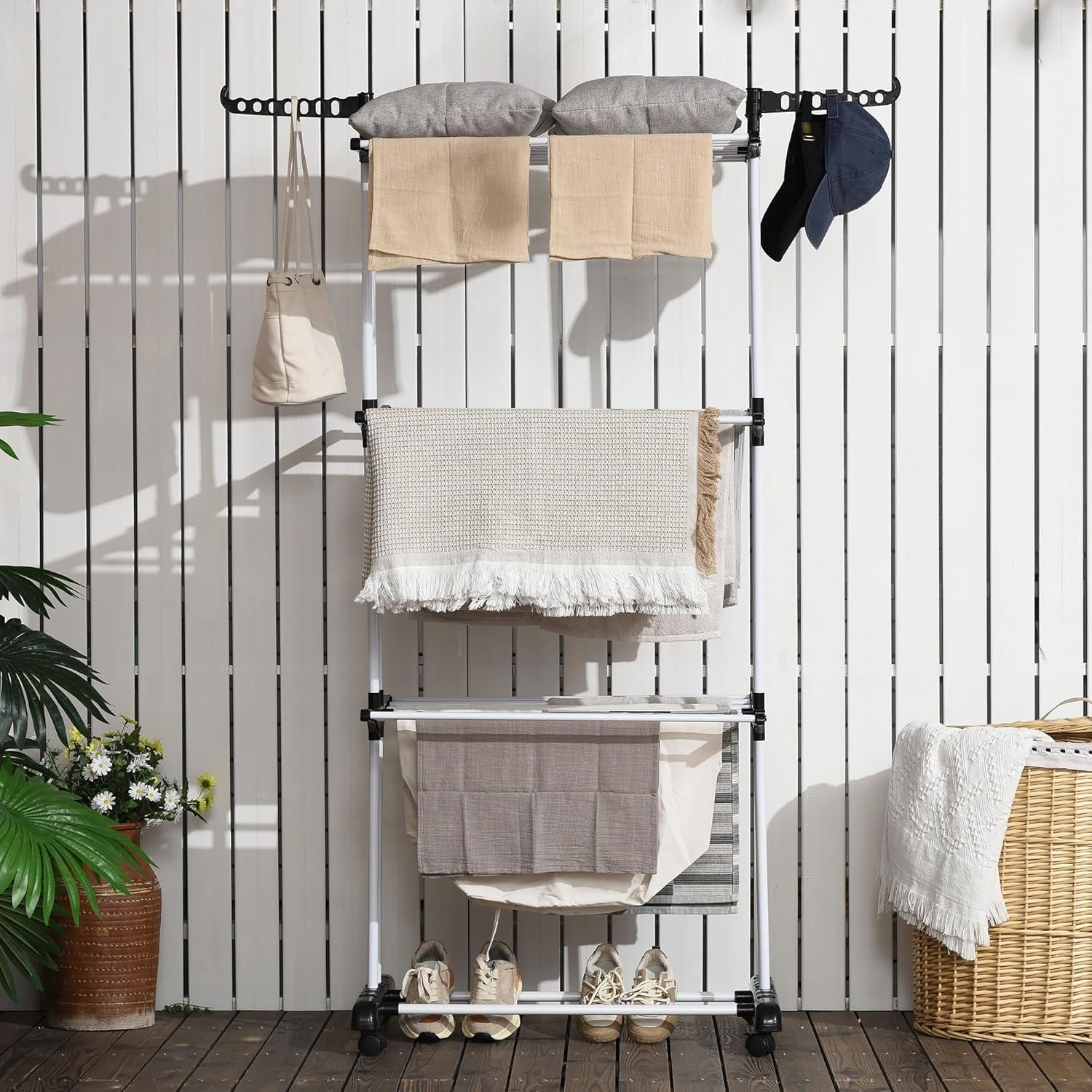 4 Tier Clothes Airer Folding Laundry Drying Rack With Wings Wheels Steel