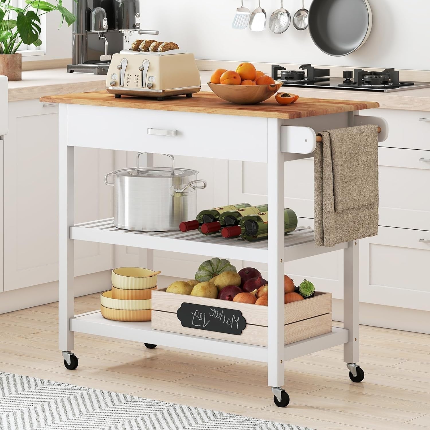 106cm Kitchen Island Cart Rubber Wood Top