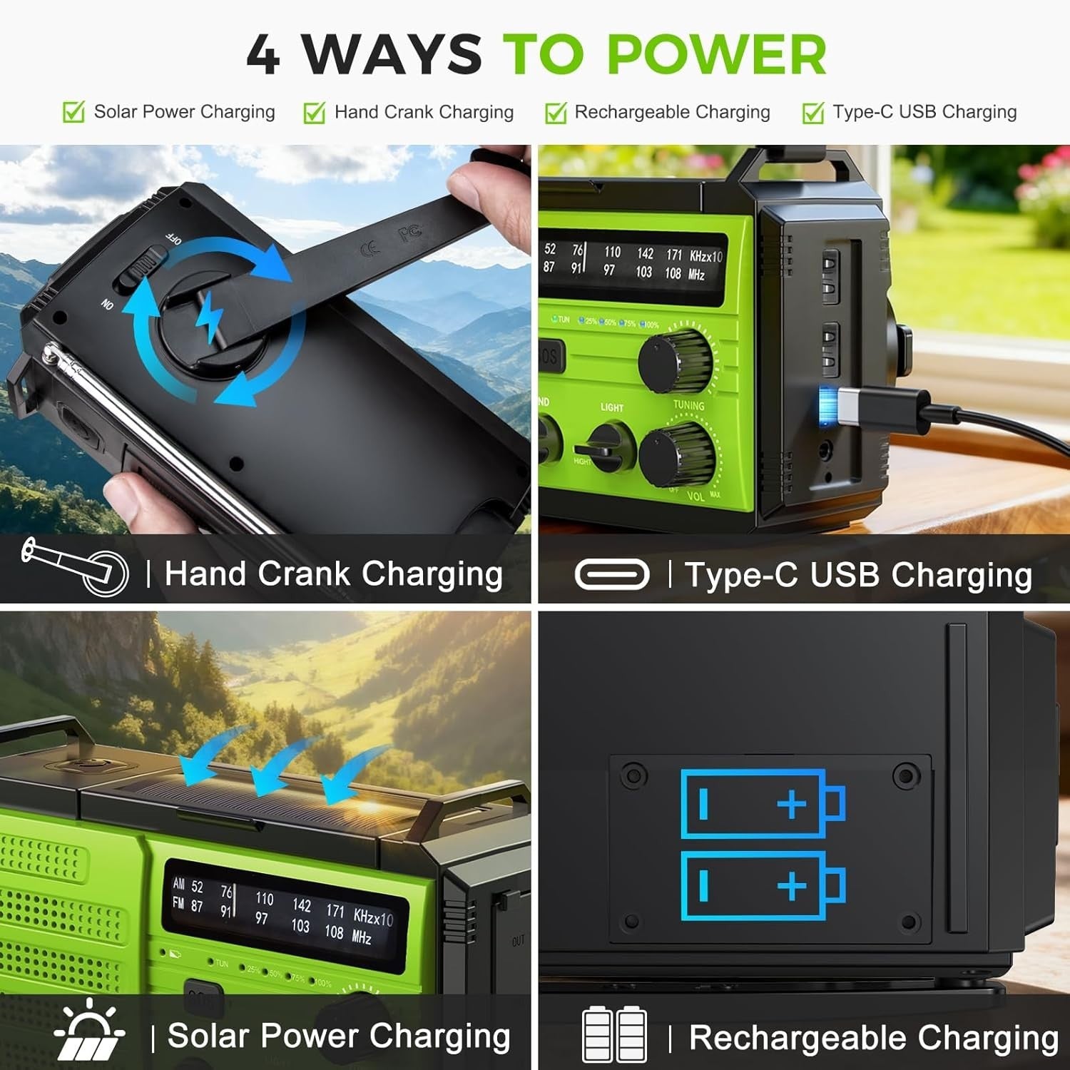 8000mAh Emergency Wind Up Radio Solar AM/FM, USB Charger SOS