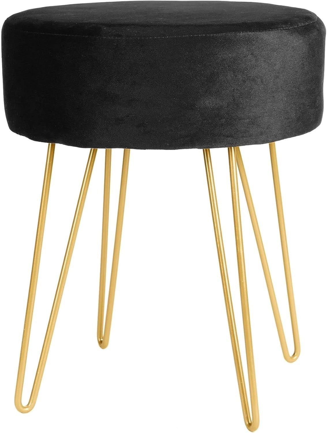 Black Velvet Round Footstool with Golden Legs – Modern Compact Vanity Seat