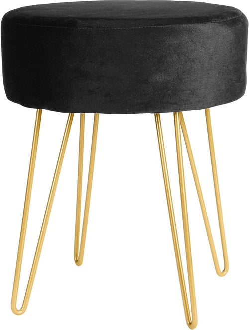 Black Velvet Round Footstool with Golden Legs – Modern Compact Vanity Seat