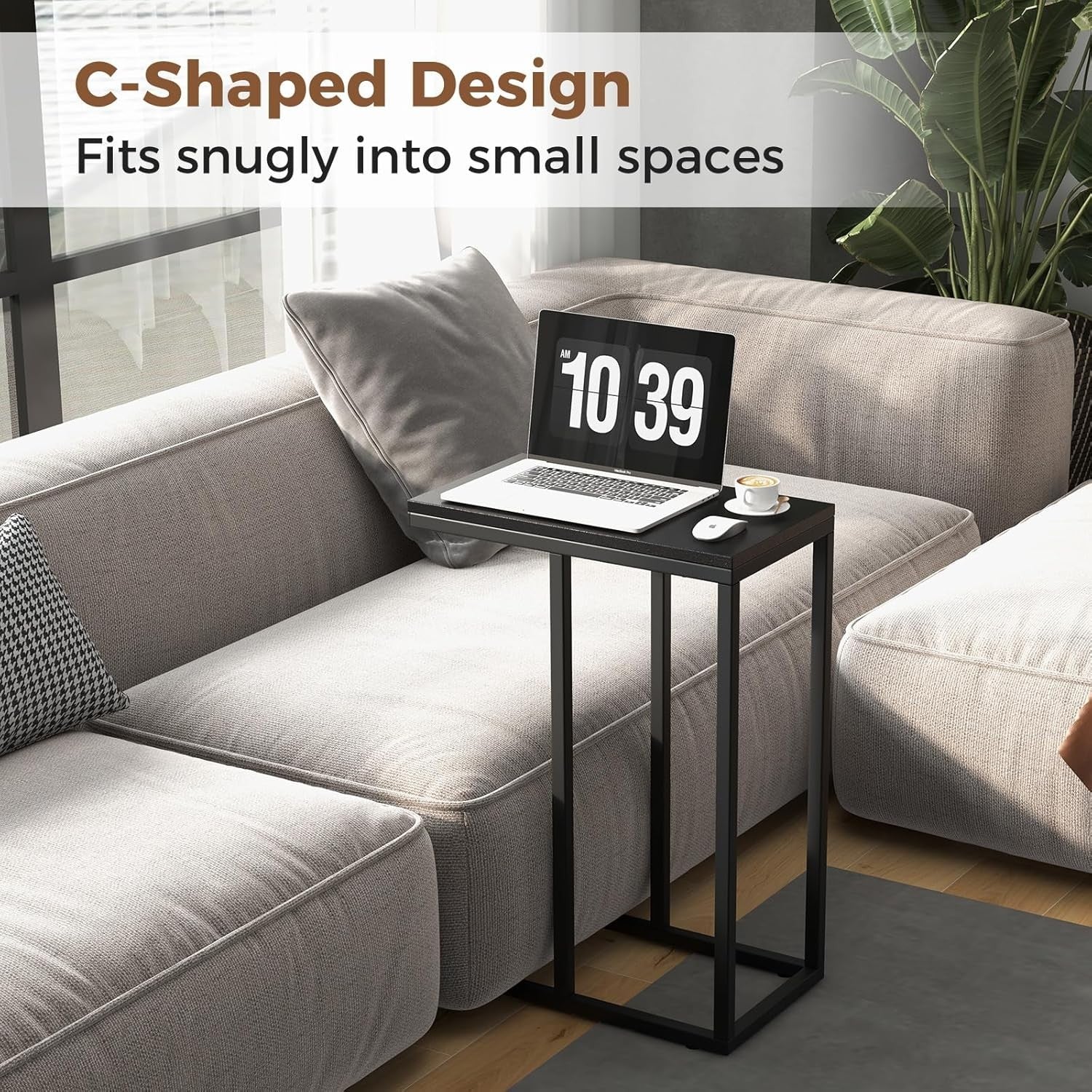 C-Shaped Side Table Black | Industrial Sofa Snack Laptop Table for Small Spaces