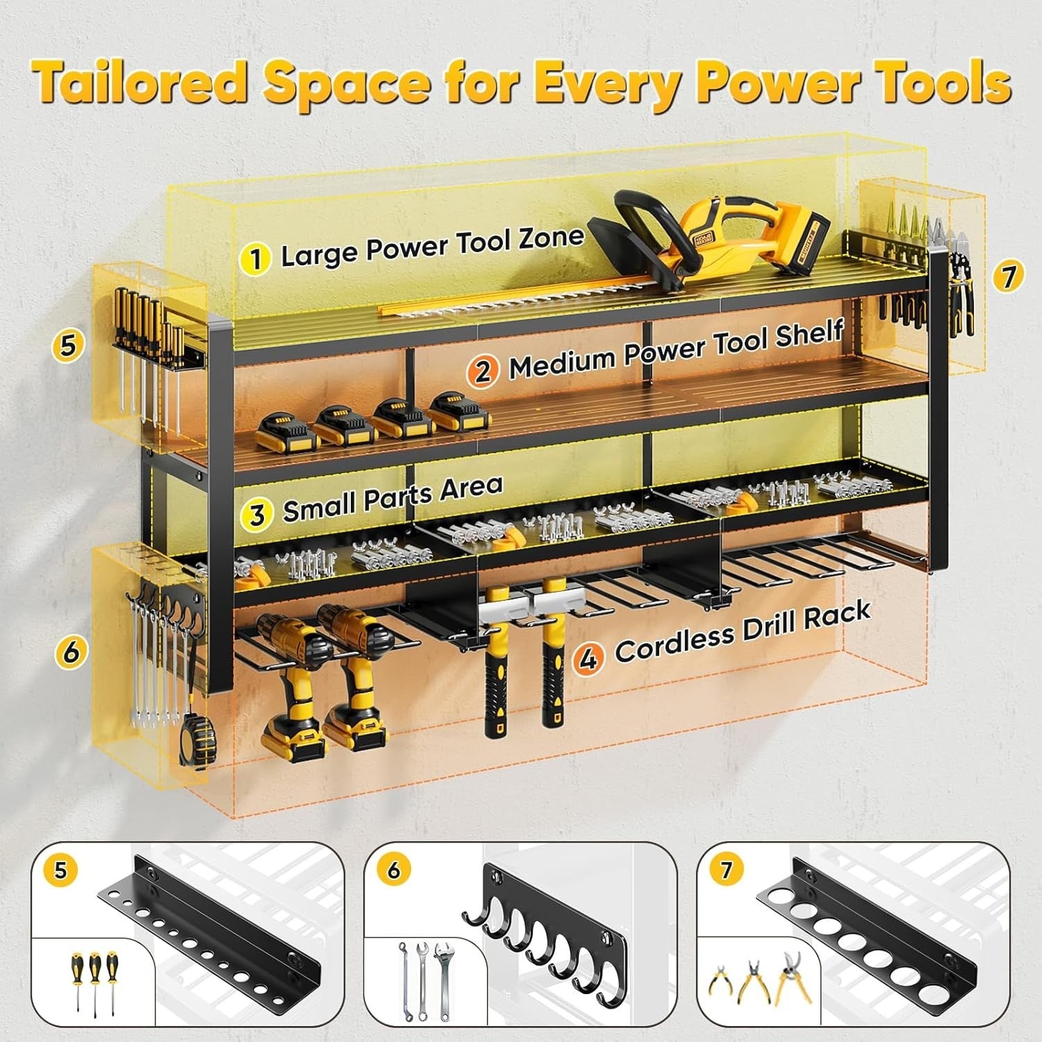 49" Wall-Mount Tool Organizer 4-Tier 12 Drills Holder Black