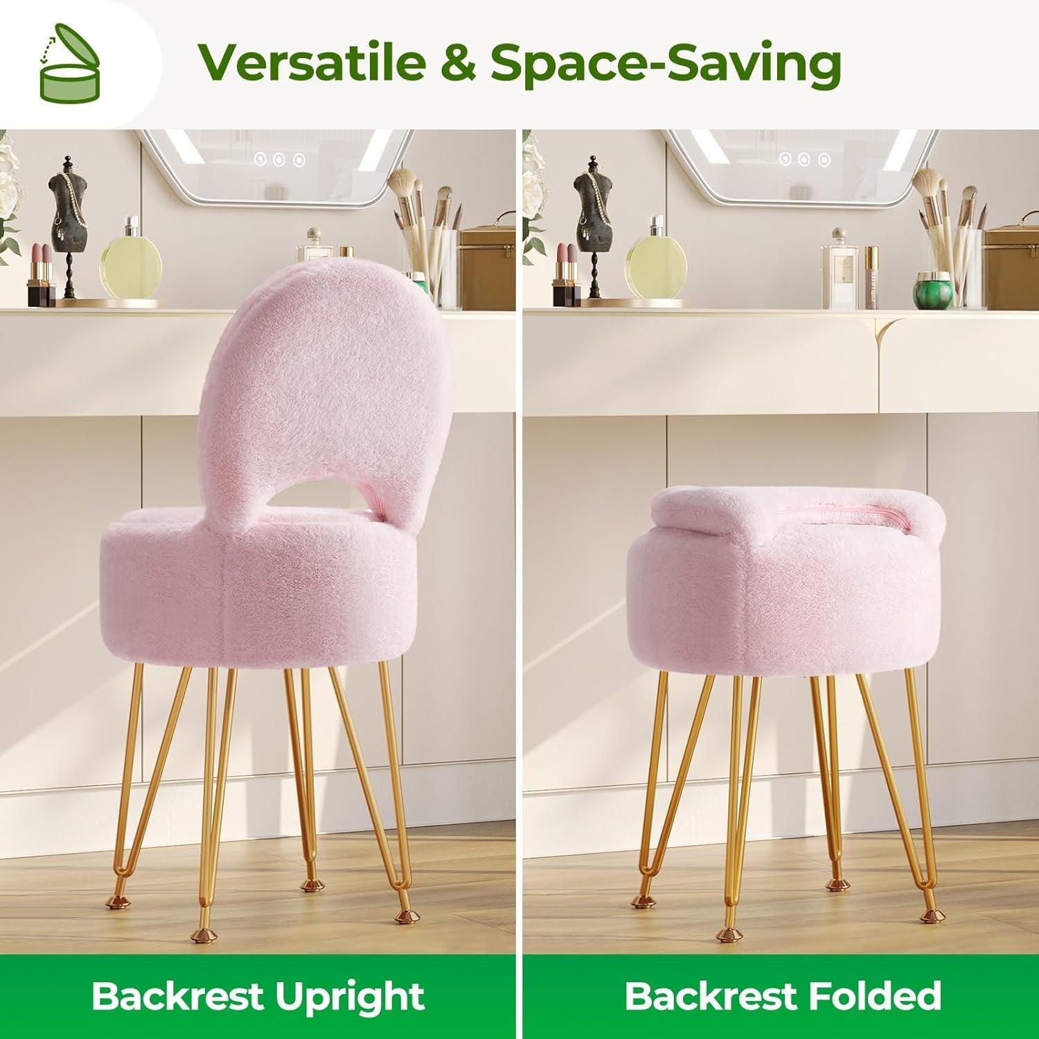 Pink Velvet Vanity Chair with Storage Foldable Backrest Footstool Small