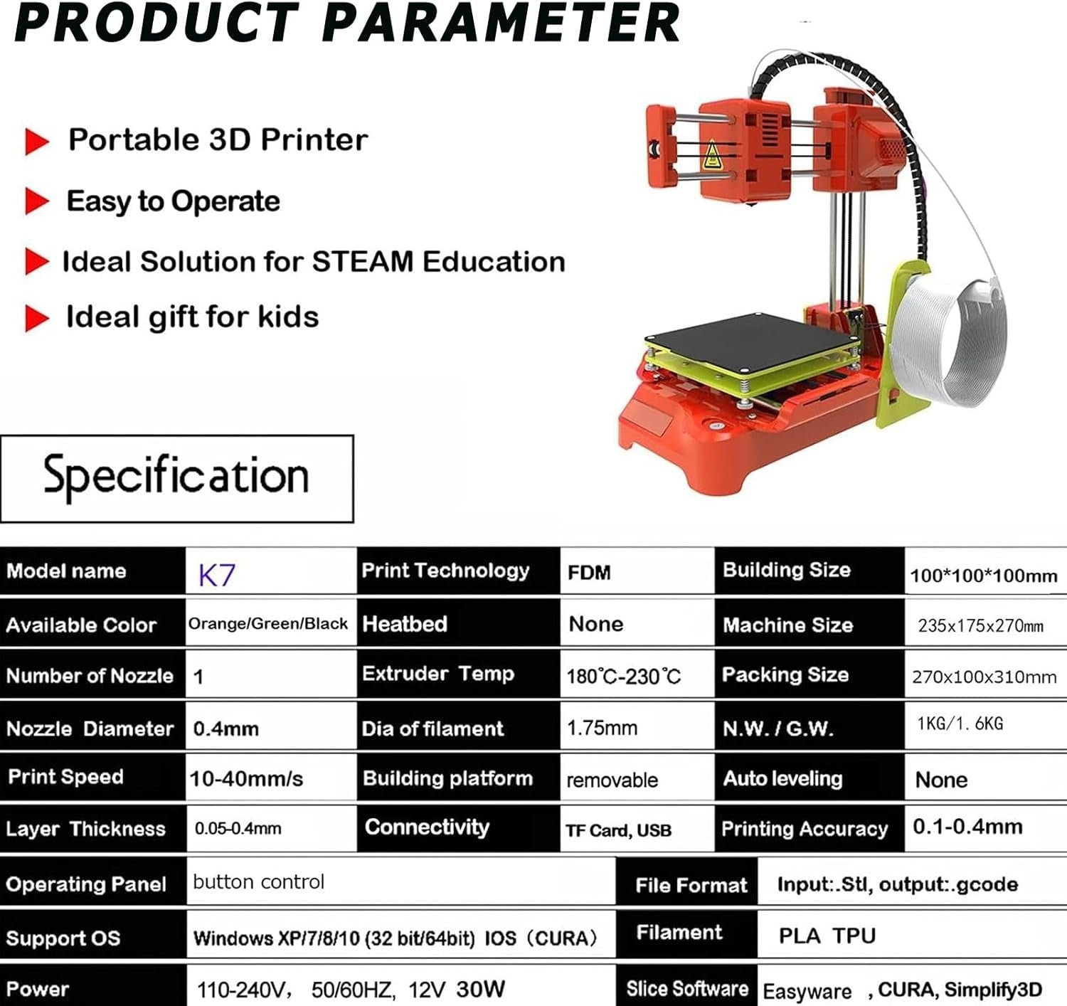 Mini 3D Printer One Click Leveling Free Silent Magnetic Bed Kids Education