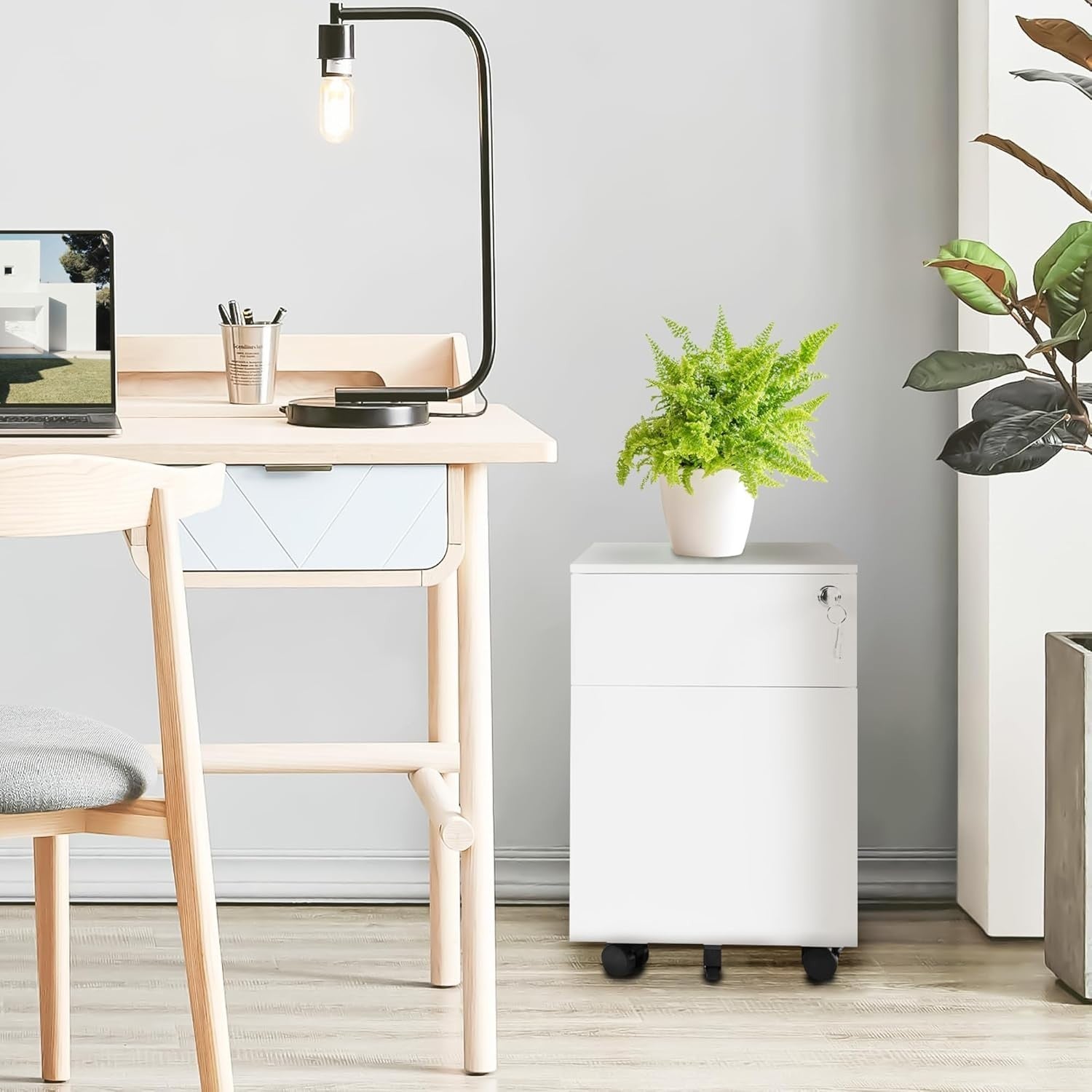 White Locking Metal File Cabinet 2 Drawer Under Desk Rolling Storage