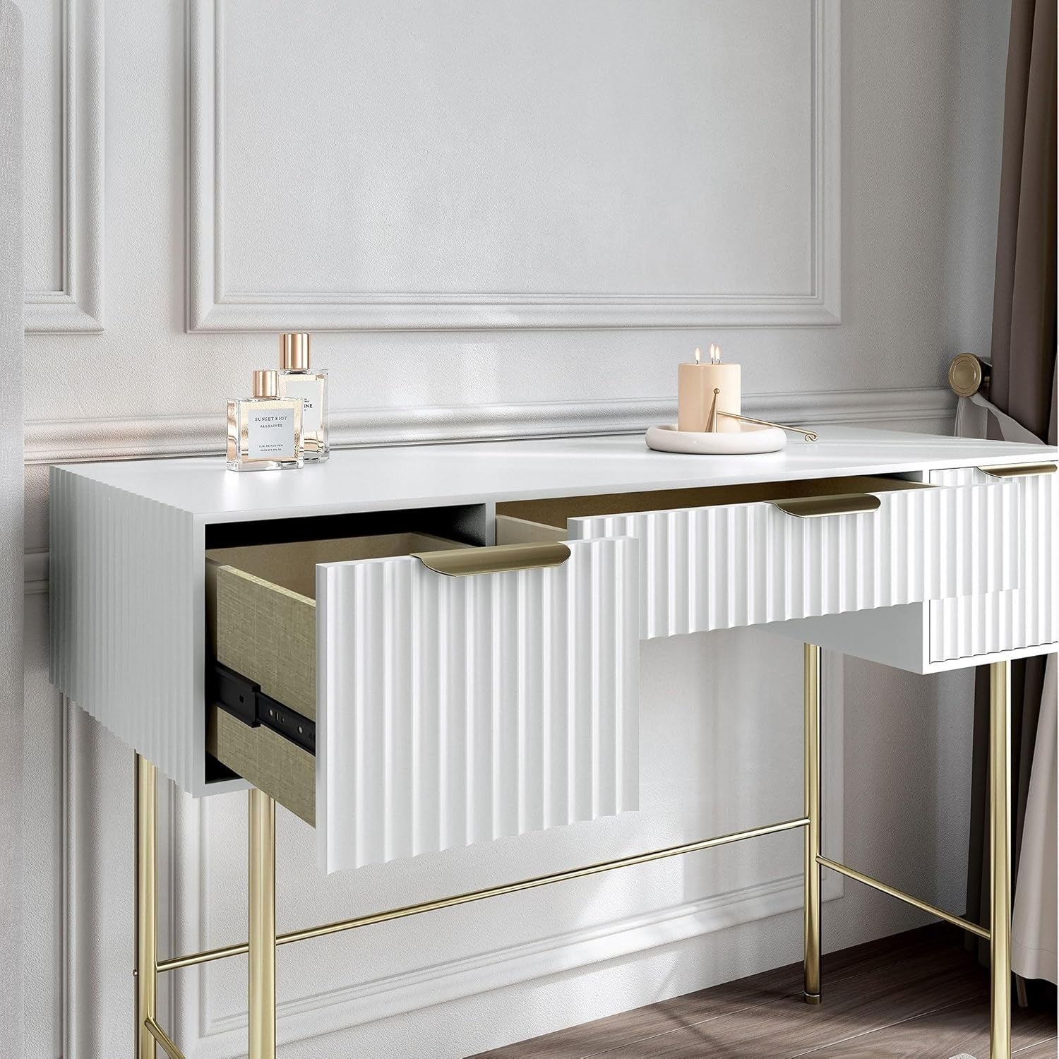 White Modern Dressing Table 3 Drawer Gold Handles Desk Vanity Makeup Storage