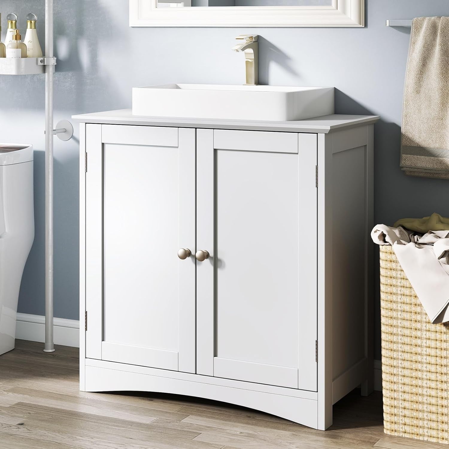 White Under Sink Bathroom Cabinet with 2 Doors & Shelf – Freestanding Storage Un
