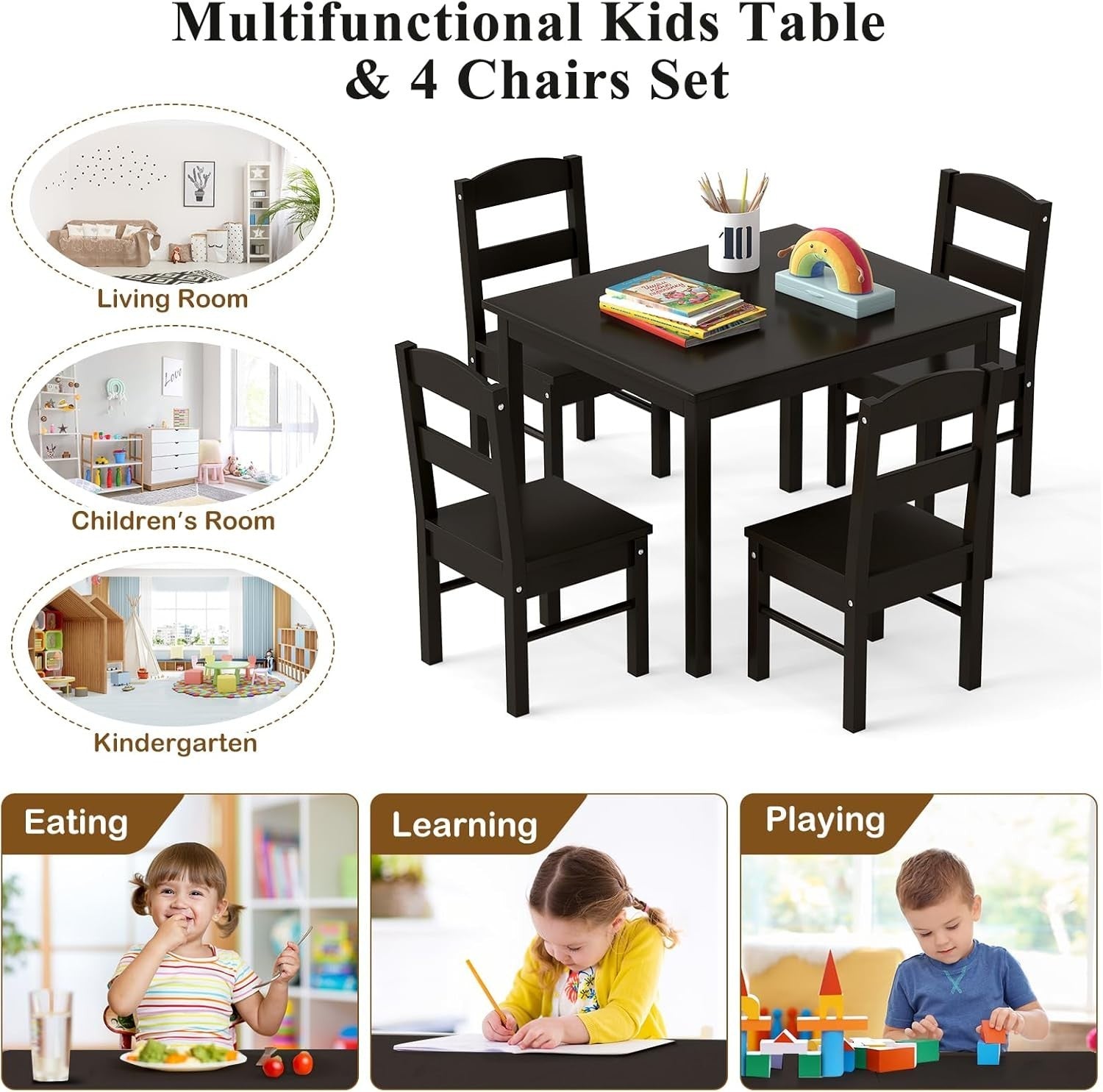 Kids Wooden Table and Chair Set, 4 Seats, Durable Activity & Study Furniture