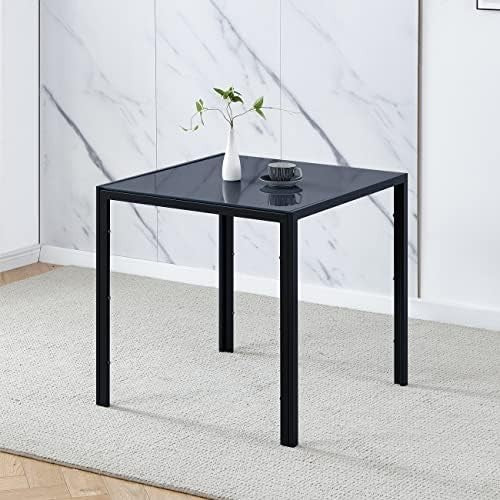 Square Glass Dining Table Set 75cm Black Linen Chairs 2 Seater Compact