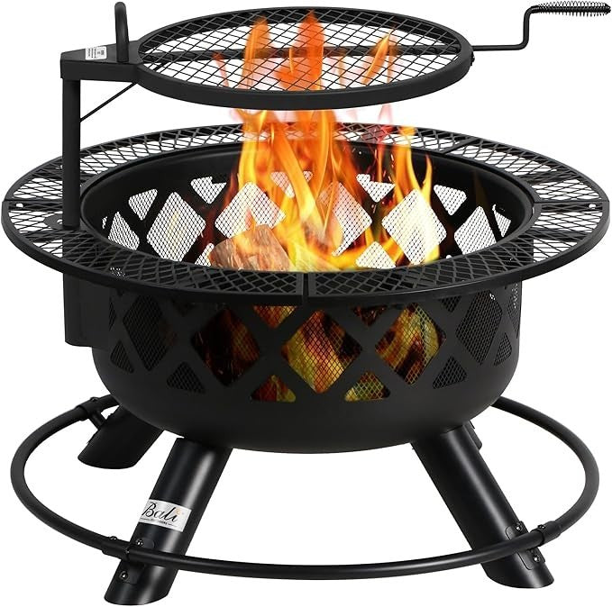 Large Outdoor Fire Pit with Swivel Cooking Grill 32in Steel Wood Burner