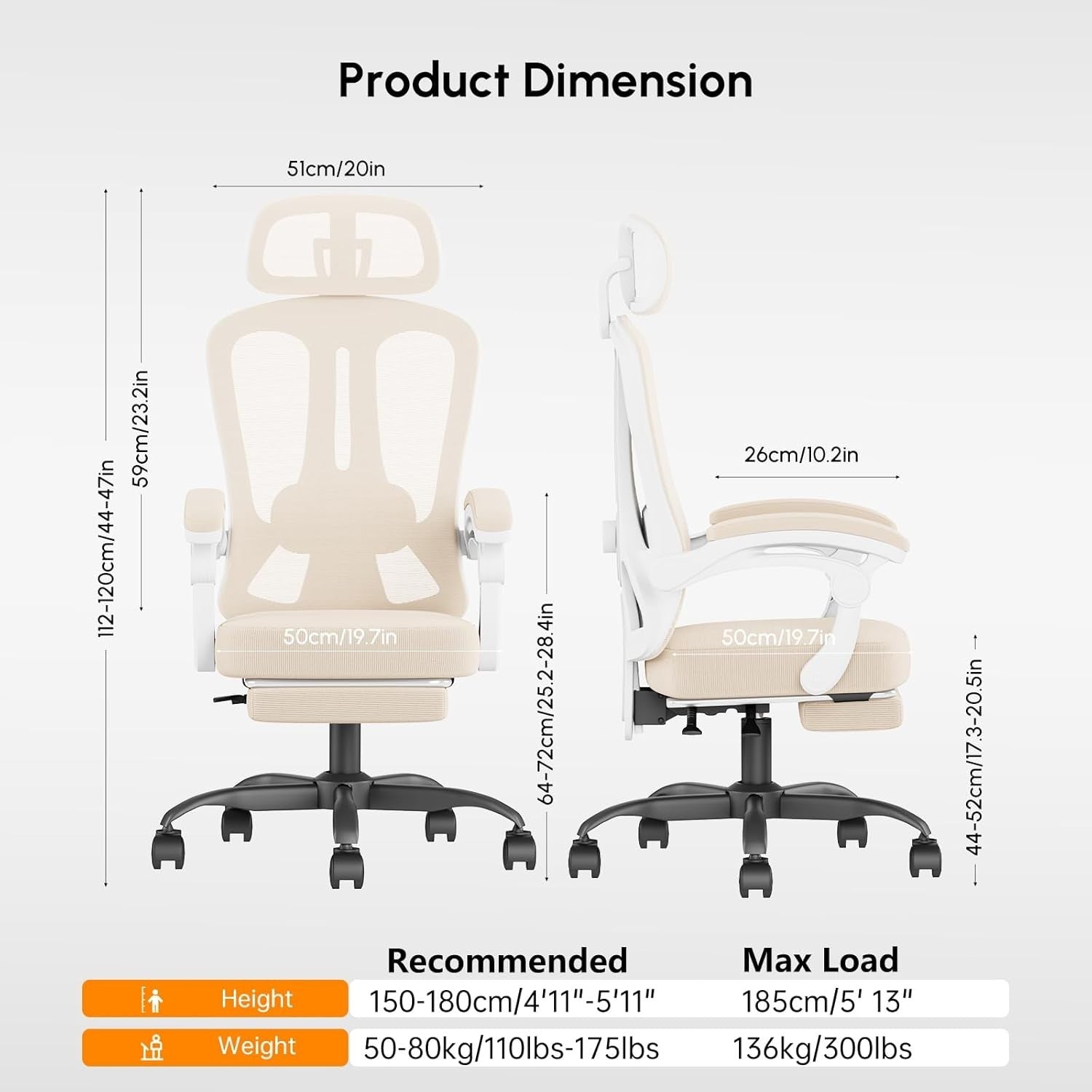 Ergonomic Office Chair Mesh Swivel Desk Chair Reclining Footrest Beige