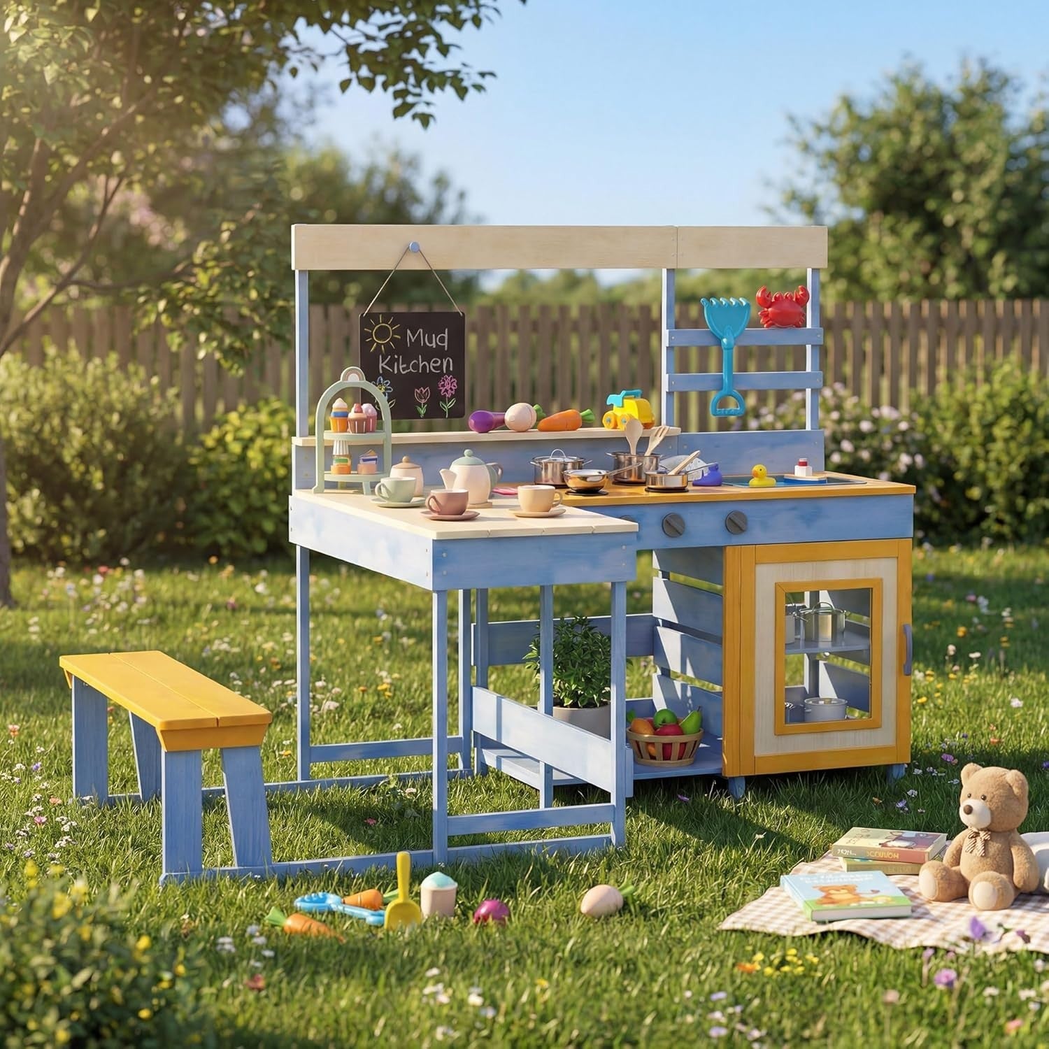Kids Mud Kitchen Outdoor Wooden Play Kitchen Picnic Table Toy Set