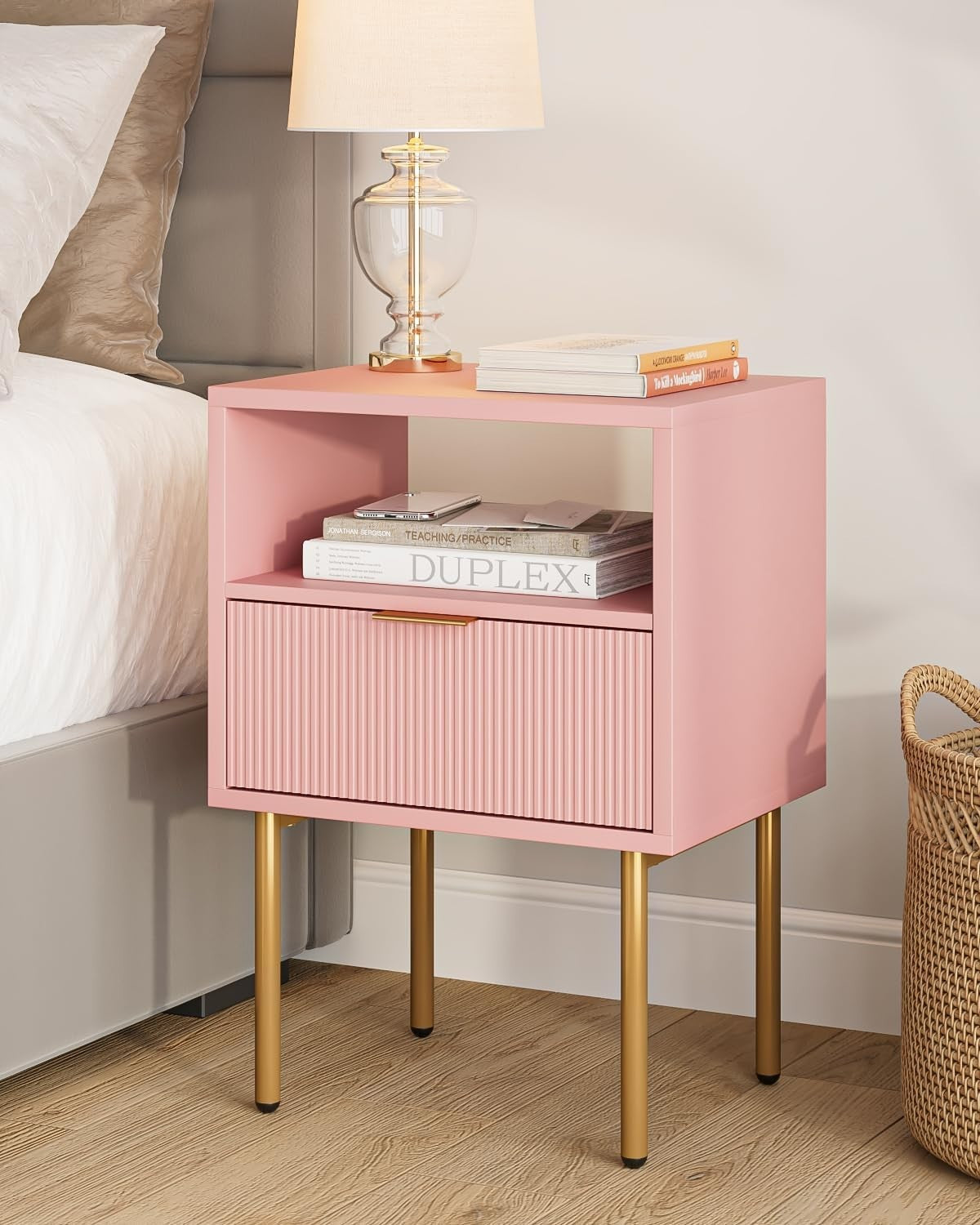 Modern Pink Bedside Table with Drawer & Open Shelf