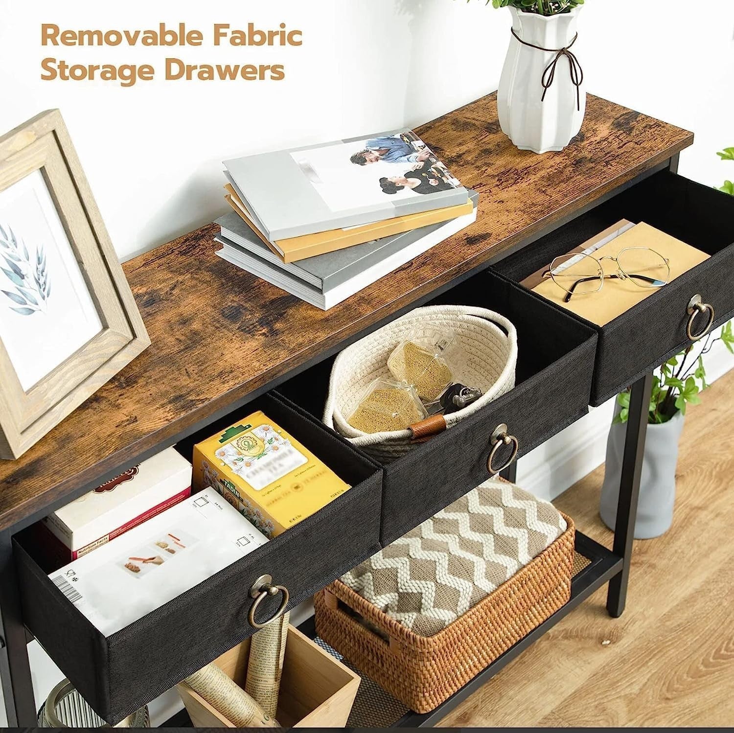 Slim Industrial Console Table with Storage, 3 Drawers & Shelf, Rustic Brown