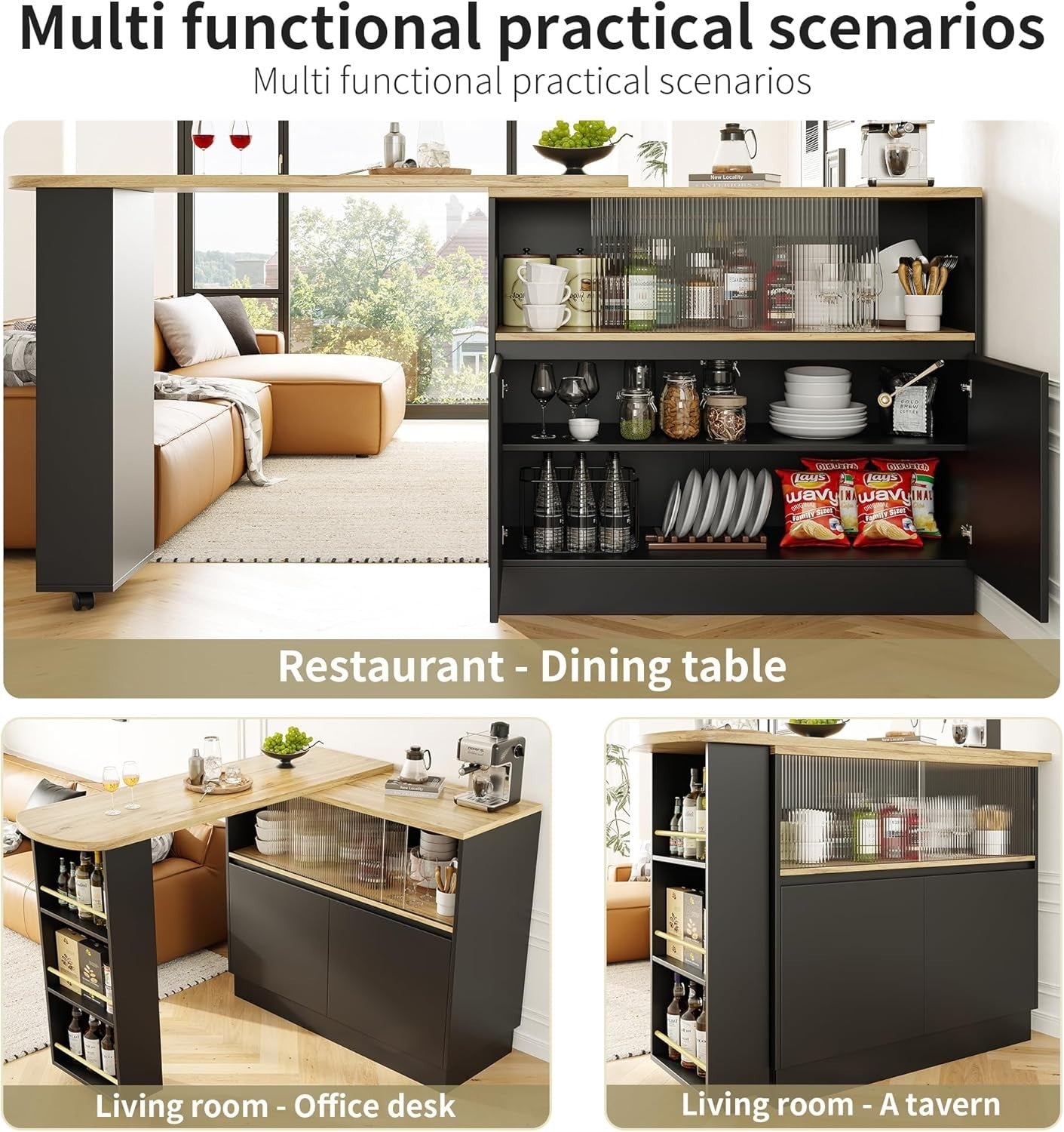 360° Rotating Extendable Kitchen Island Table with Glass Doors & Storage