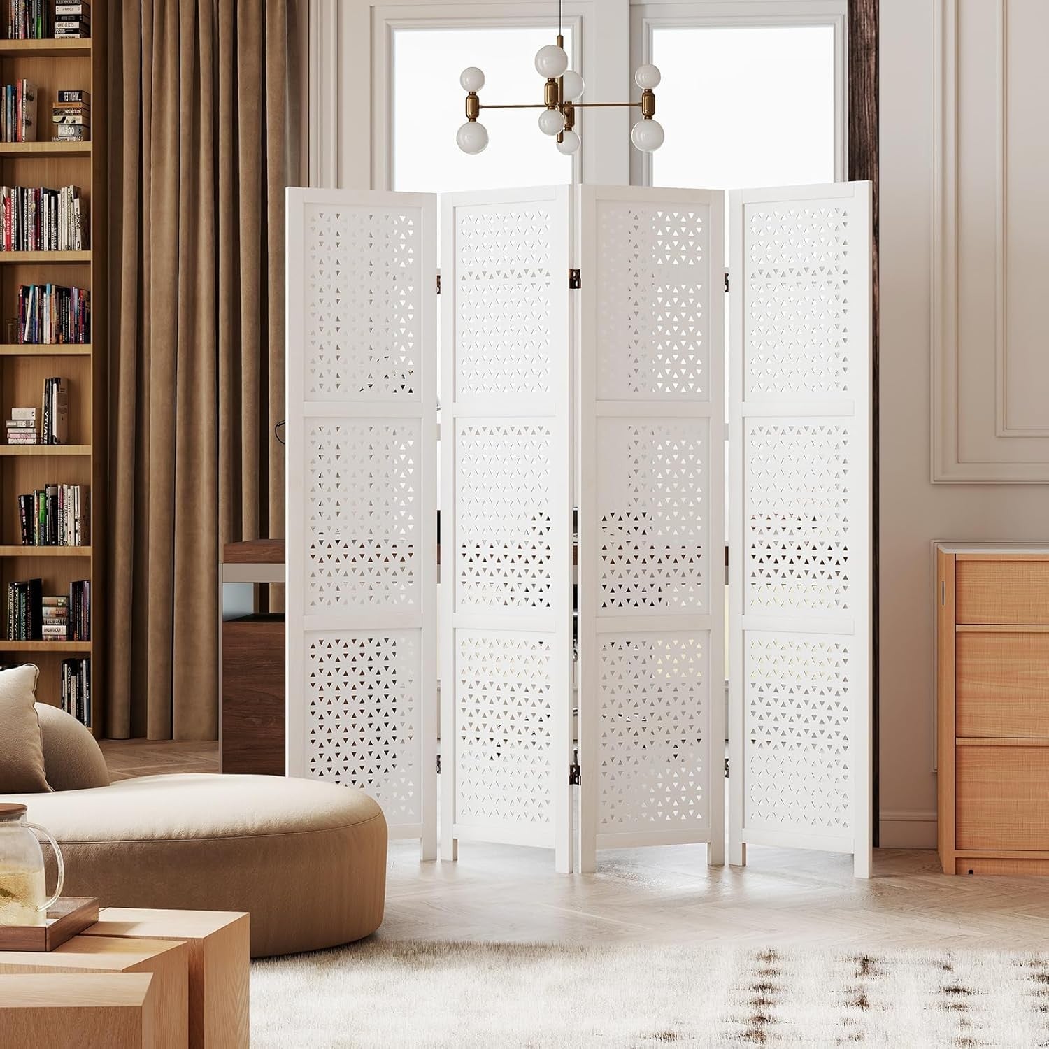 4 Panel White Carved Wood Room Divider Decorative Privacy Screen 170cm High