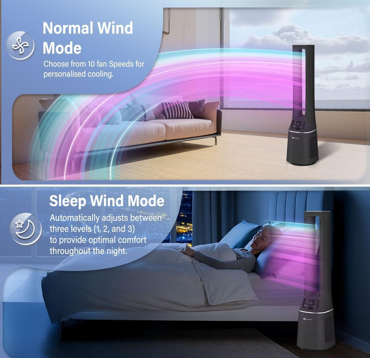 2-in-1 Bladeless Tower Fan Air Purifier HEPA Filter 10-Speed Remote Black Quiet