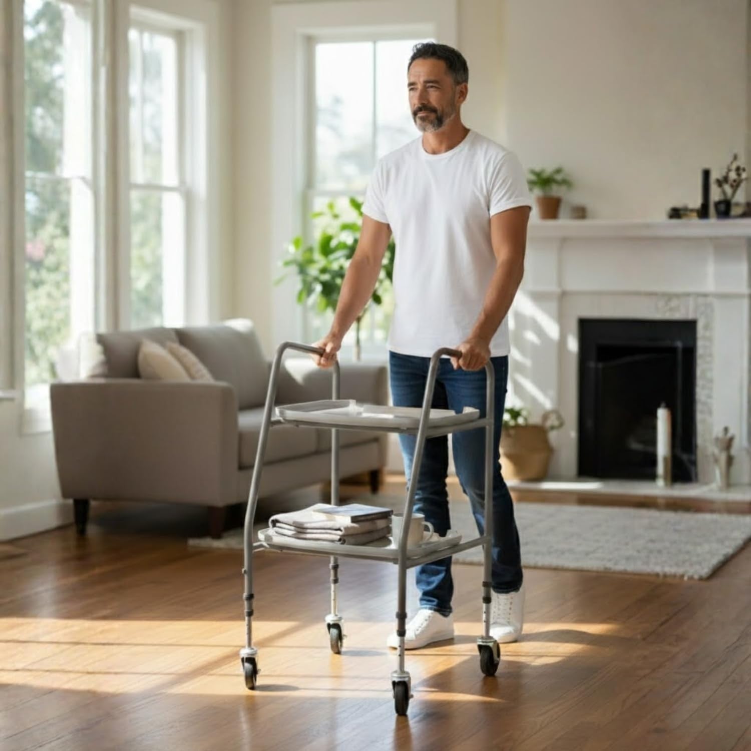 Height Adjustable Mobility Trolley on Wheels Steel Frame Two Tray Cart