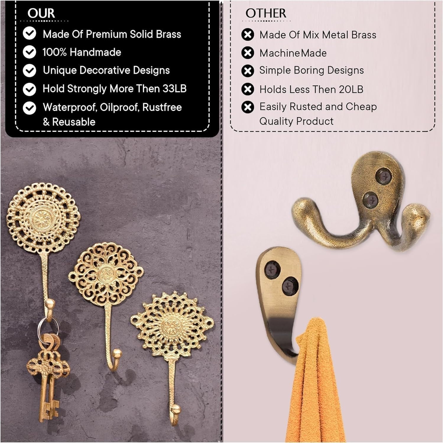 3pcs Boho Gold Brass Wall Hooks Vintage Coat Rack