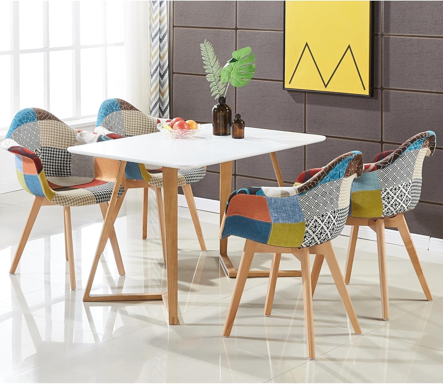 Patchwork Dining Chairs Set of 2 with Arms Wood Legs Fabric