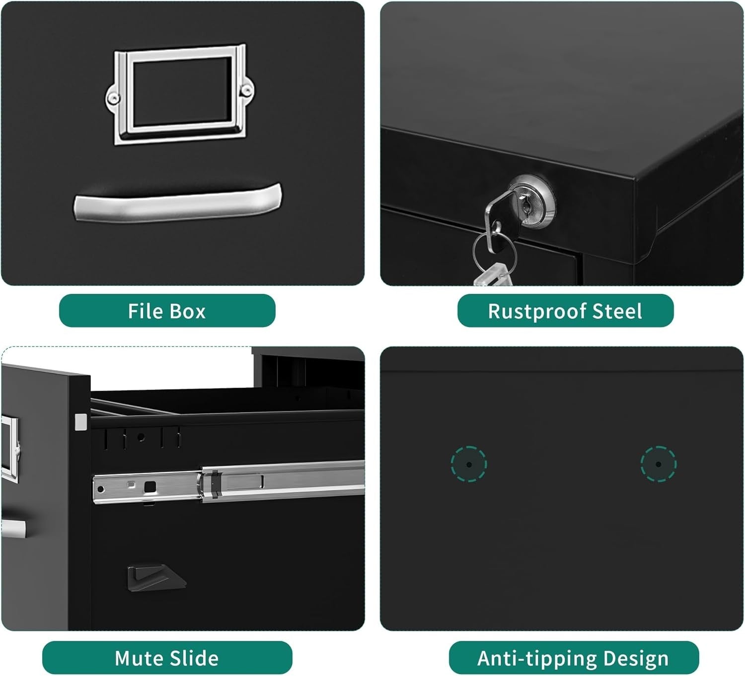 Black 3 Drawer Locking Steel Filing Cabinet Vertical A4 Legal Home Office Safe