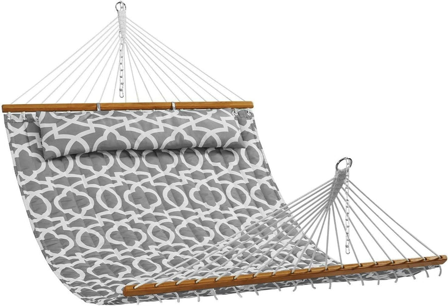 Luxury Double Hammock with Pillow – Quilted Fabric, Hardwood Spreaders, 480lb