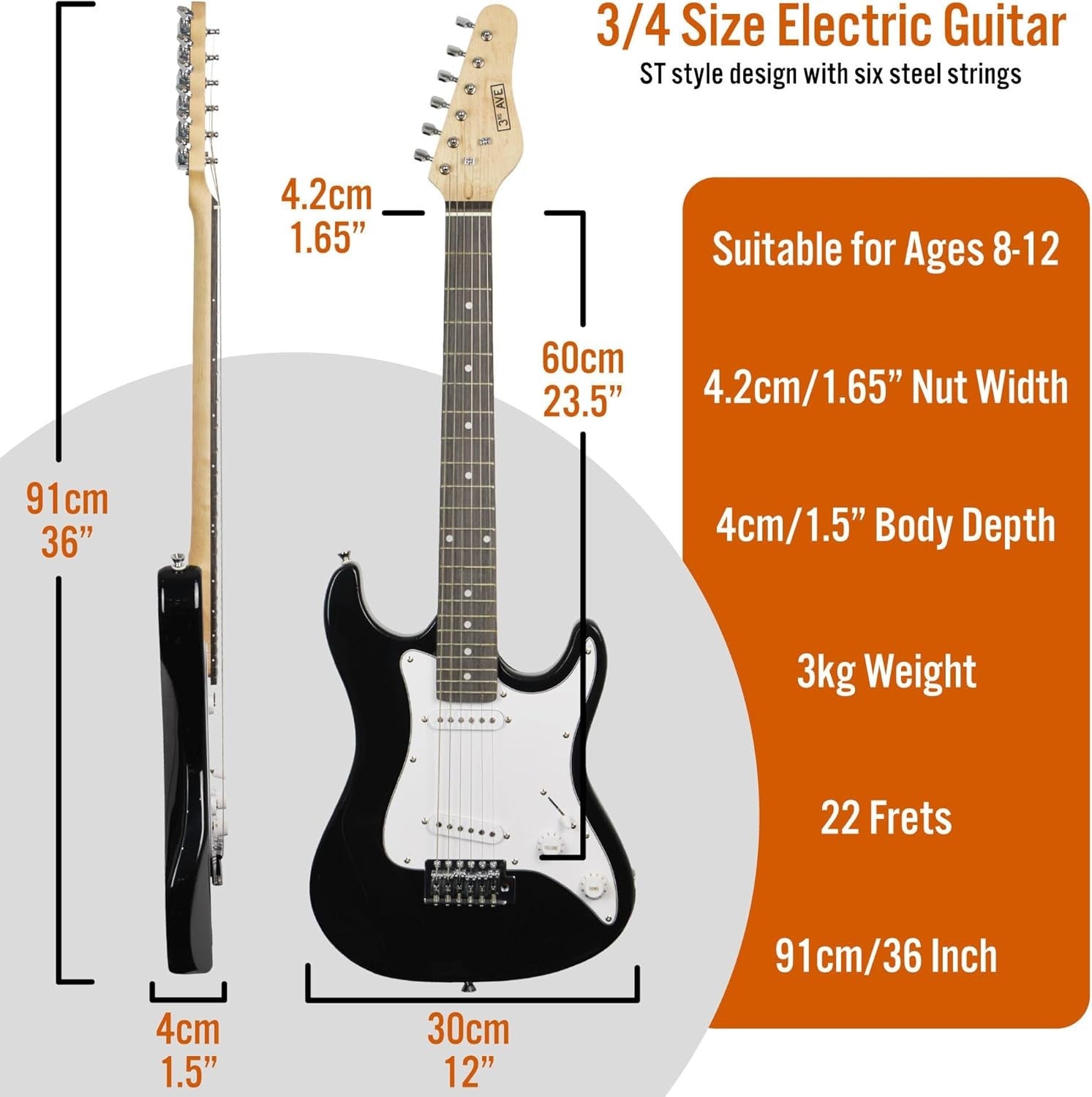 3/4 Electric Guitar Starter Kit w/10W Amp Cable Bag Black
