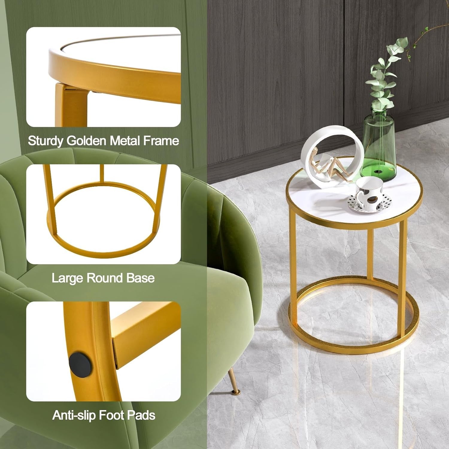 Luxury Marble Top Side Tables Set of 2 – Round Gold Metal Frame Small End Tables