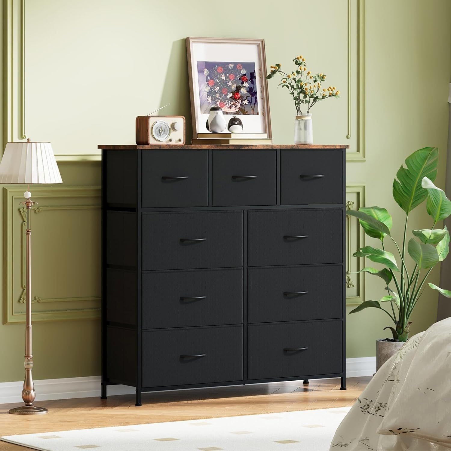Black Rustic Brown 9 Drawer Tall Chest Fabric Dresser Organizer Storage Unit