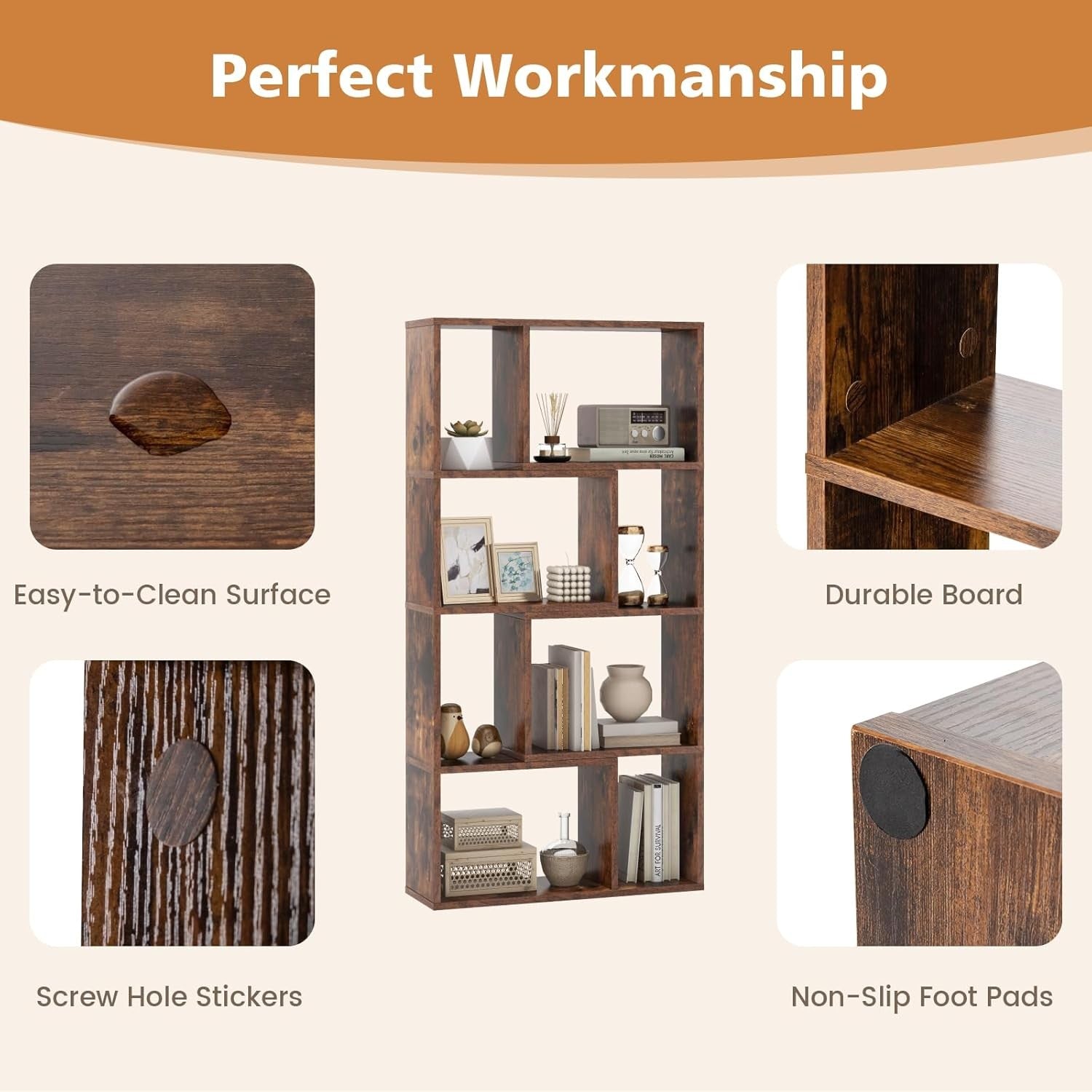 5-Tier Geometric Bookcase Rustic Brown Tall Cube Storage Shelf for Home Office