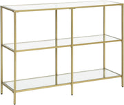 Gold Console Table with Glass Shelves, 3 Tier Storage, 100x30x73cm