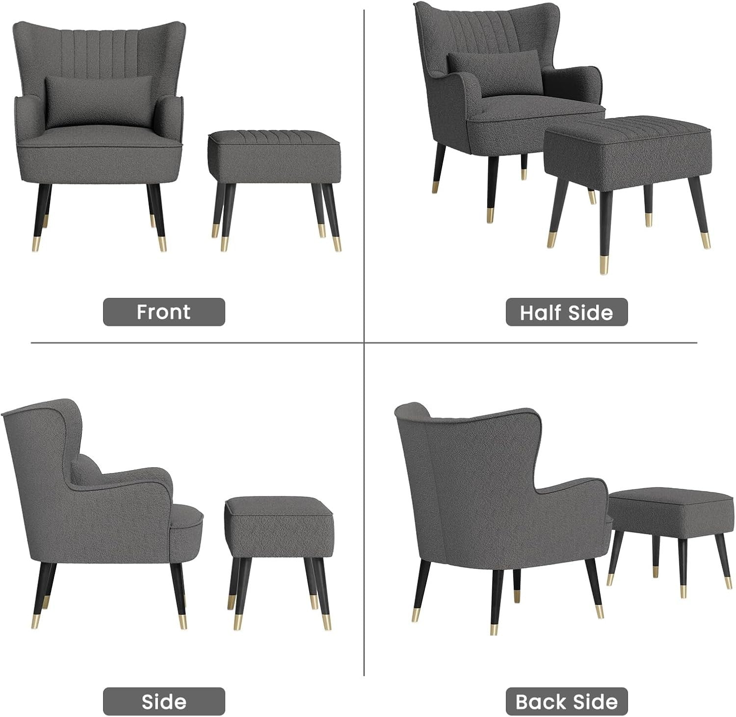 Modern Wingback Armchair w/ Ottoman Footstool, Teddy Fleece Lounge