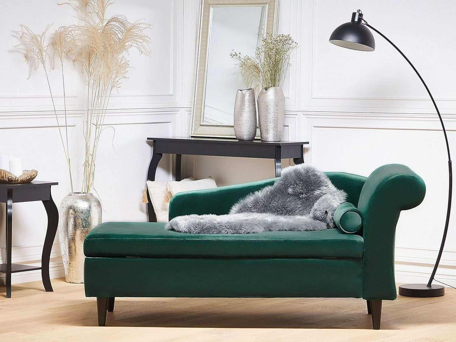 Emerald Green Velvet Chaise Lounge with Storage Right Hand Solid Wood Legs